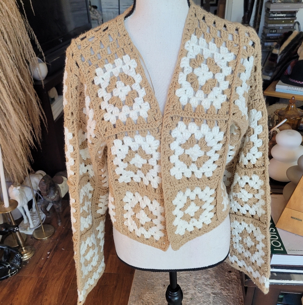 Elan Crochet Cardigan - Cream and Tan - Picture 3 of 6
